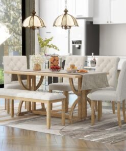Merax 6-Piece Solid Wood Kitchen Dining Room Table Set with Bench and Upholstered Chairs for 6 Persons, Dining Table Set with with Rectangulars Tab...