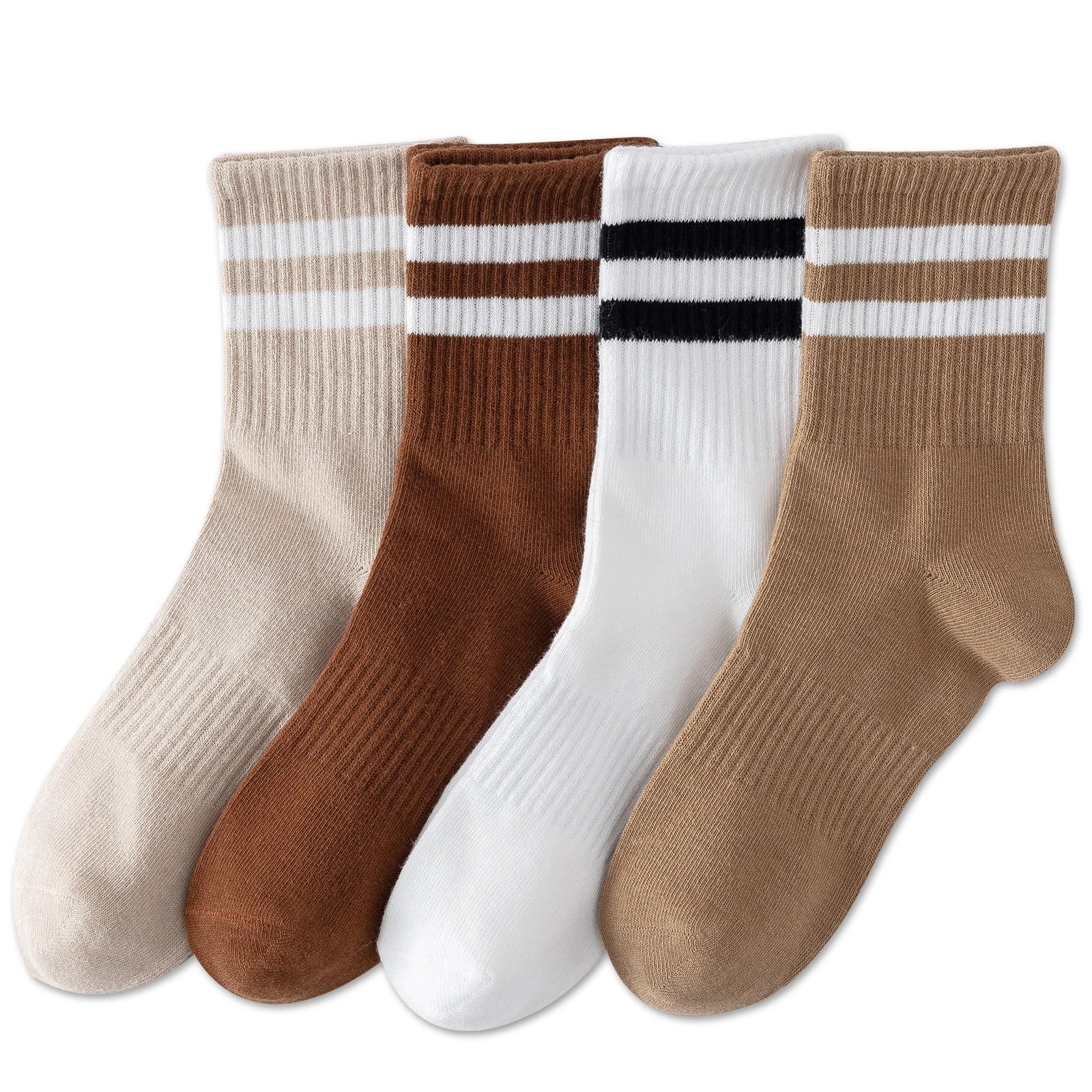 YUWELL Womens Striped Crew Socks, Cotton Cozy Casual Socks for Women 4 Pairs, Size 5-10
